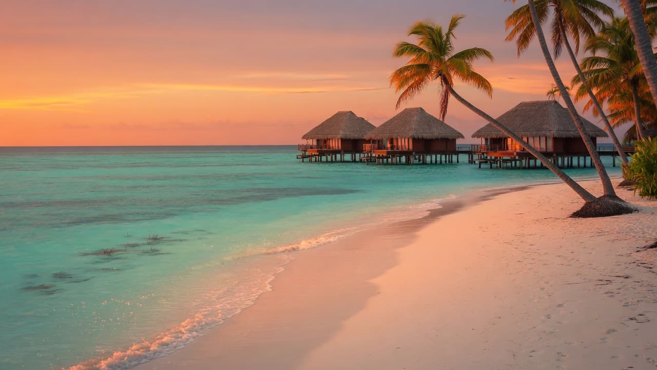 Caribbean shoreline at sunset